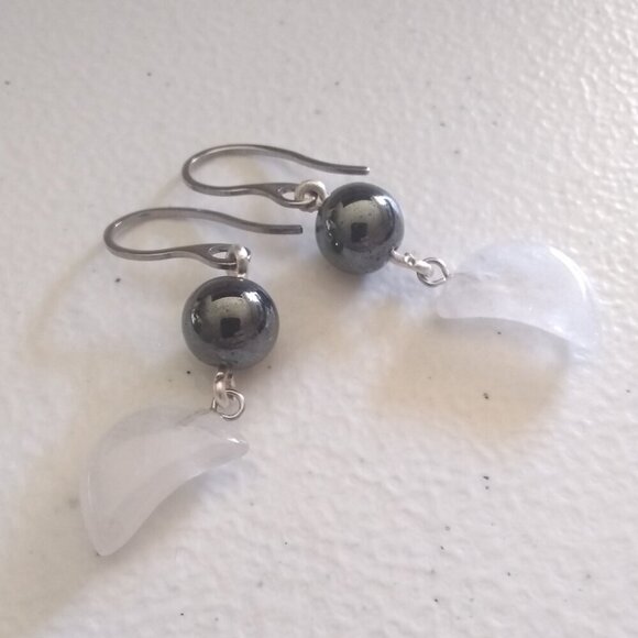 Emotional Balance: Handmade Quartz Moon & Hematite Dangle Earrings - Picture 6 of 9